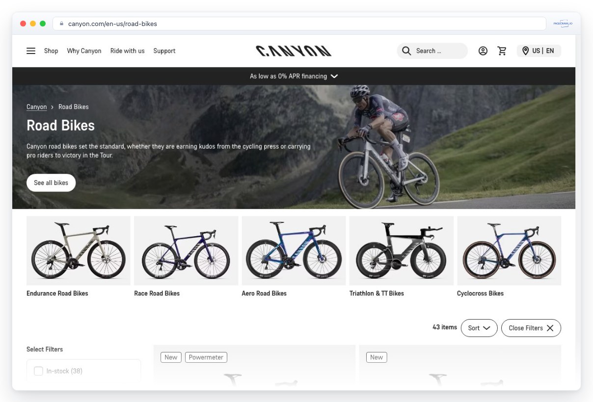 Screenshot of canyon.com in a browser window, an example of a page PageCrawl can monitor for changes