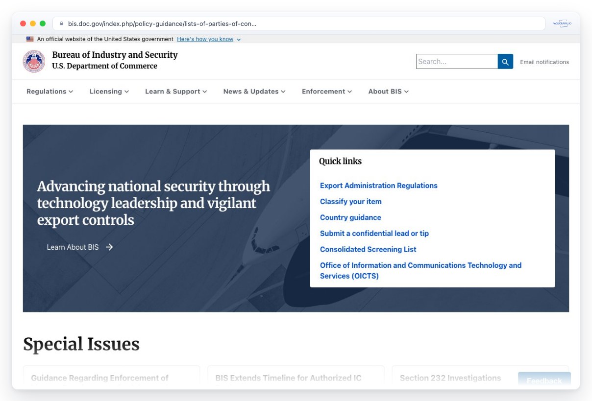 Screenshot of bis.doc.gov in a browser window, an example of a page PageCrawl can monitor for changes
