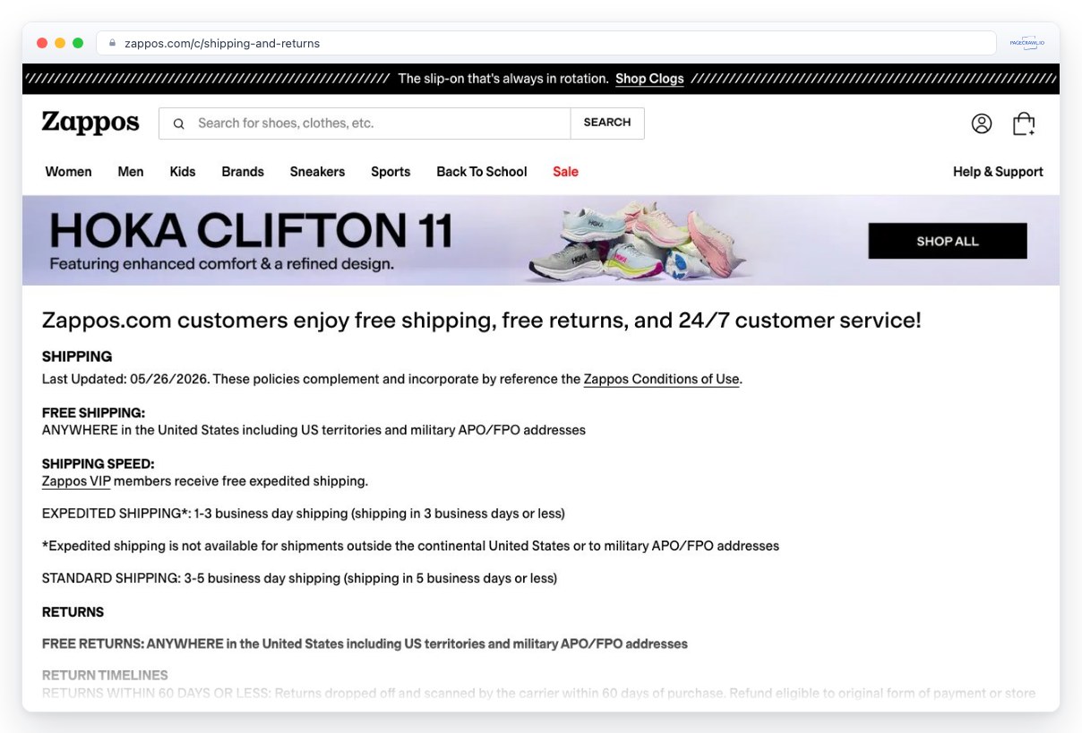 Screenshot of zappos.com in a browser window, an example of a page PageCrawl can monitor for changes