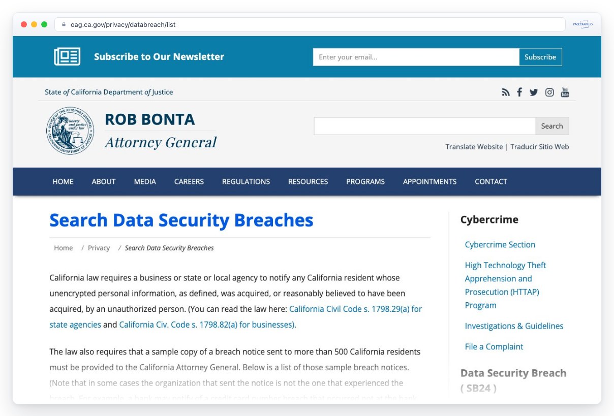 Screenshot of oag.ca.gov in a browser window, an example of a page PageCrawl can monitor for changes