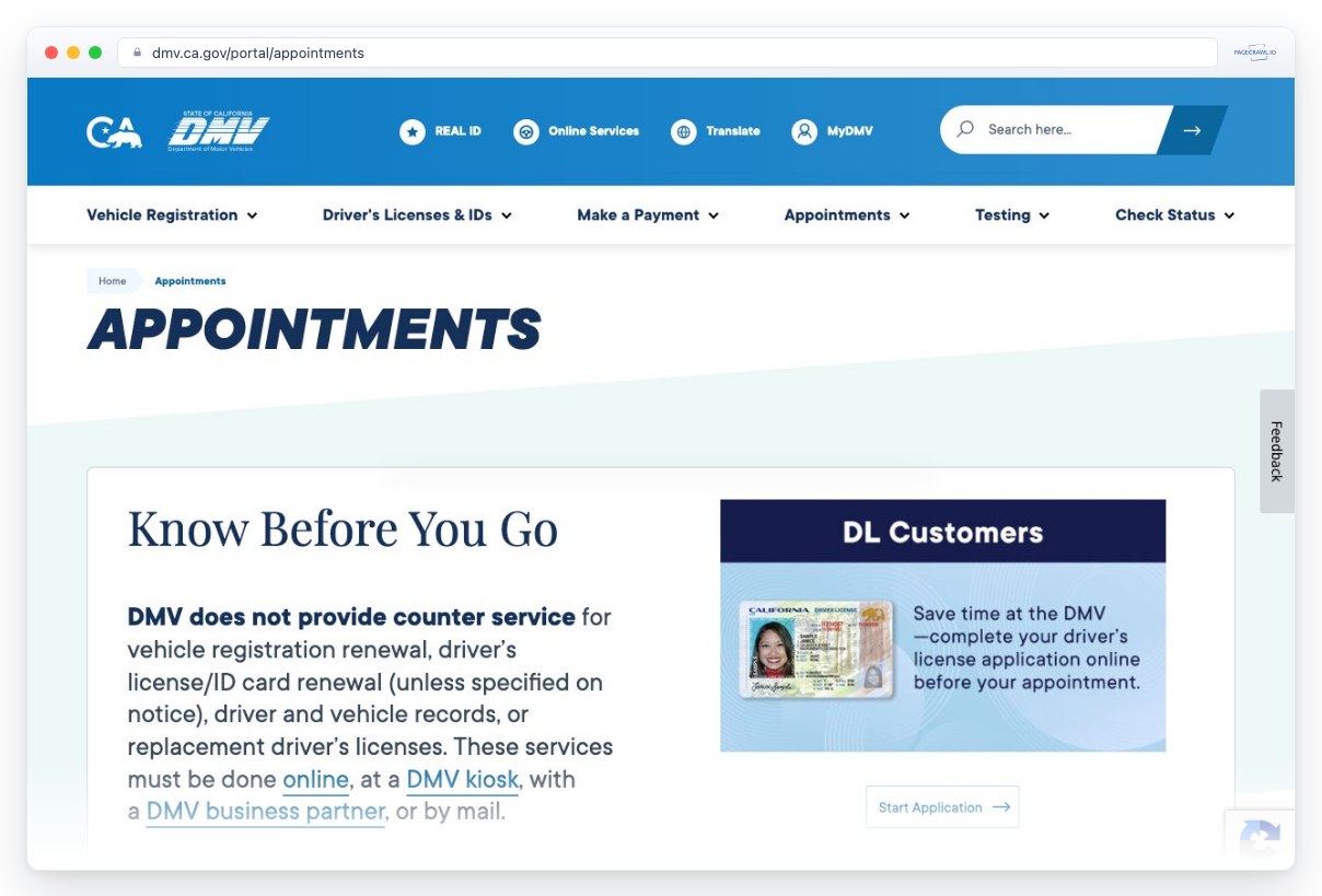 Screenshot of dmv.ca.gov in a browser window, an example of a page PageCrawl can monitor for changes