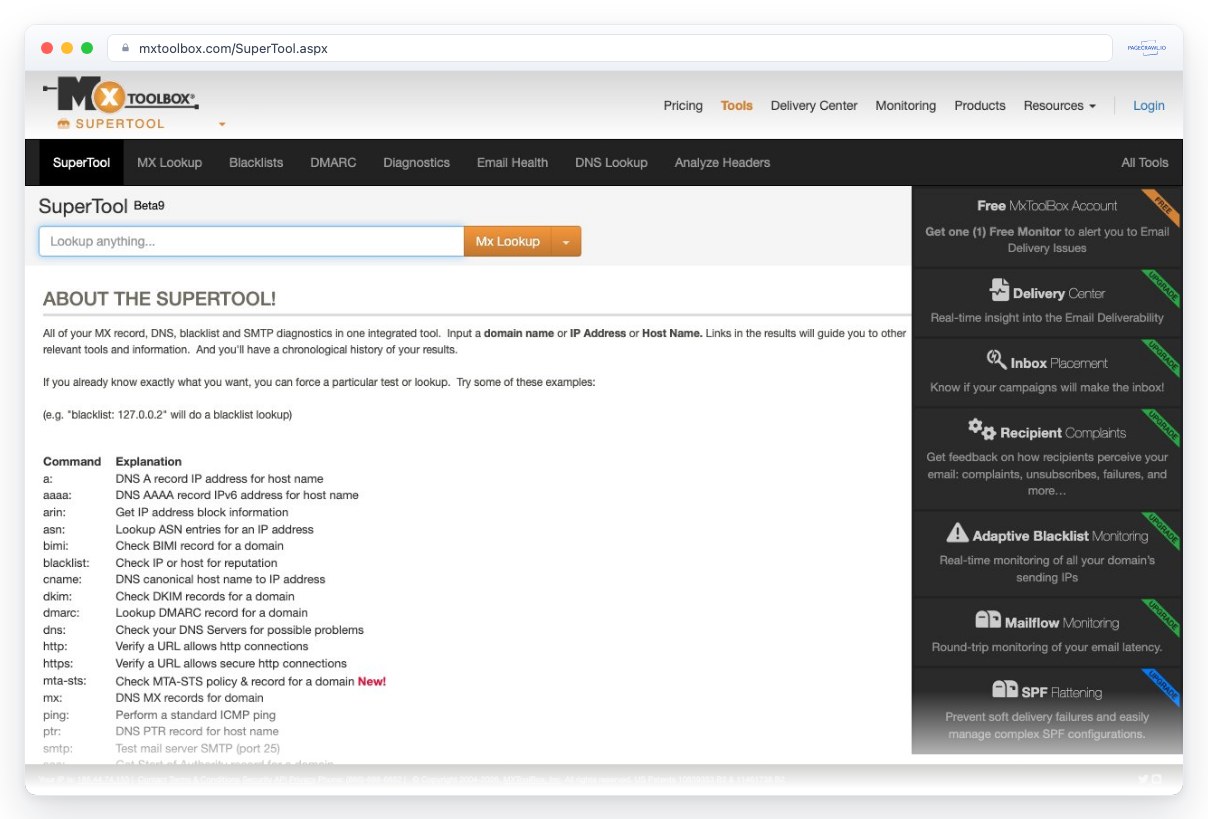 Screenshot of mxtoolbox.com in a browser window, an example of a page PageCrawl can monitor for changes