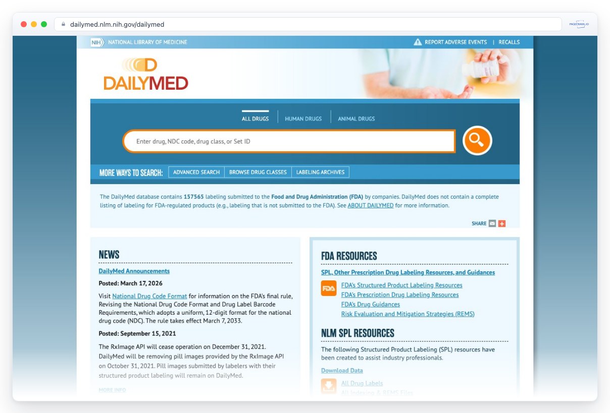 Screenshot of dailymed.nlm.nih.gov in a browser window, an example of a page PageCrawl can monitor for changes
