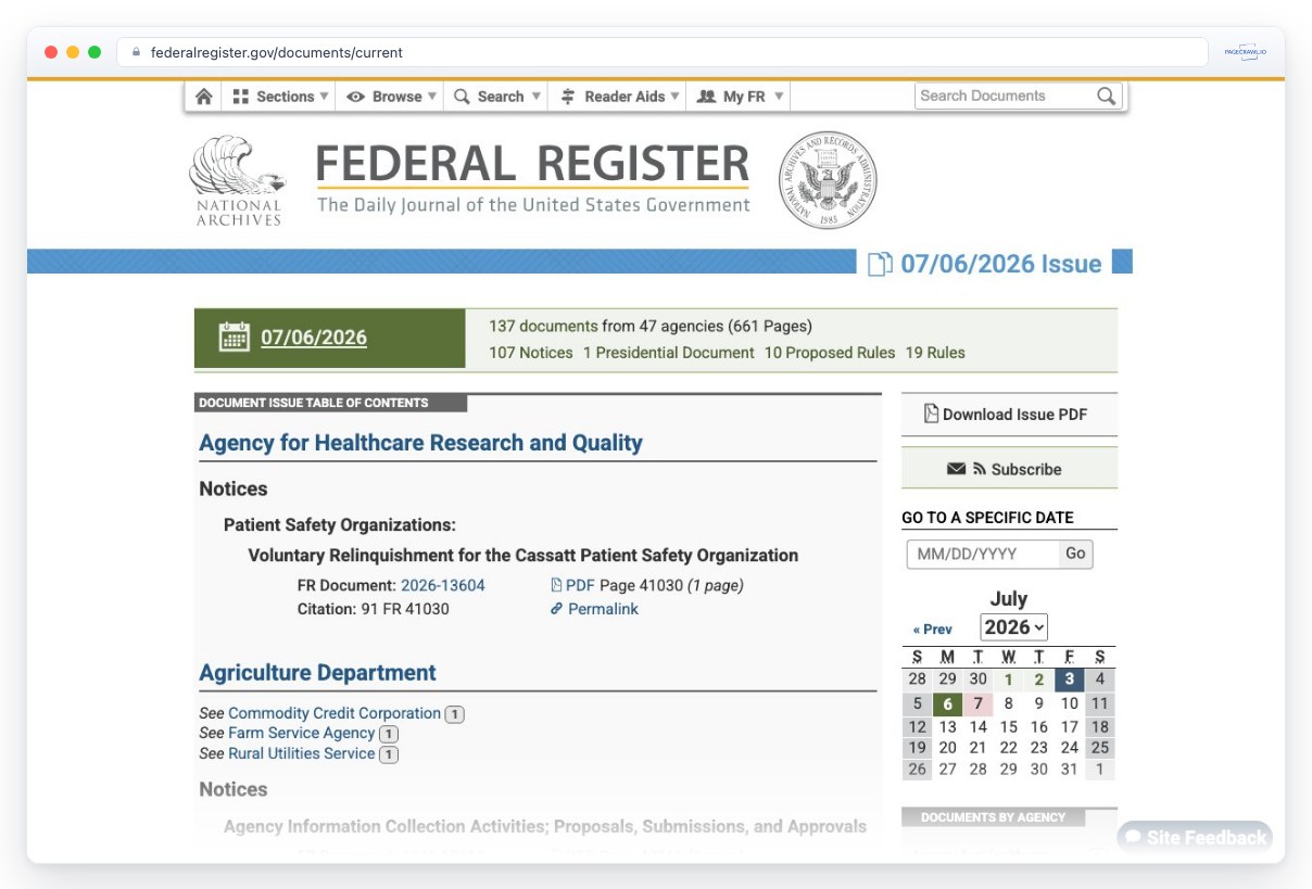 Screenshot of federalregister.gov in a browser window, an example of a page PageCrawl can monitor for changes