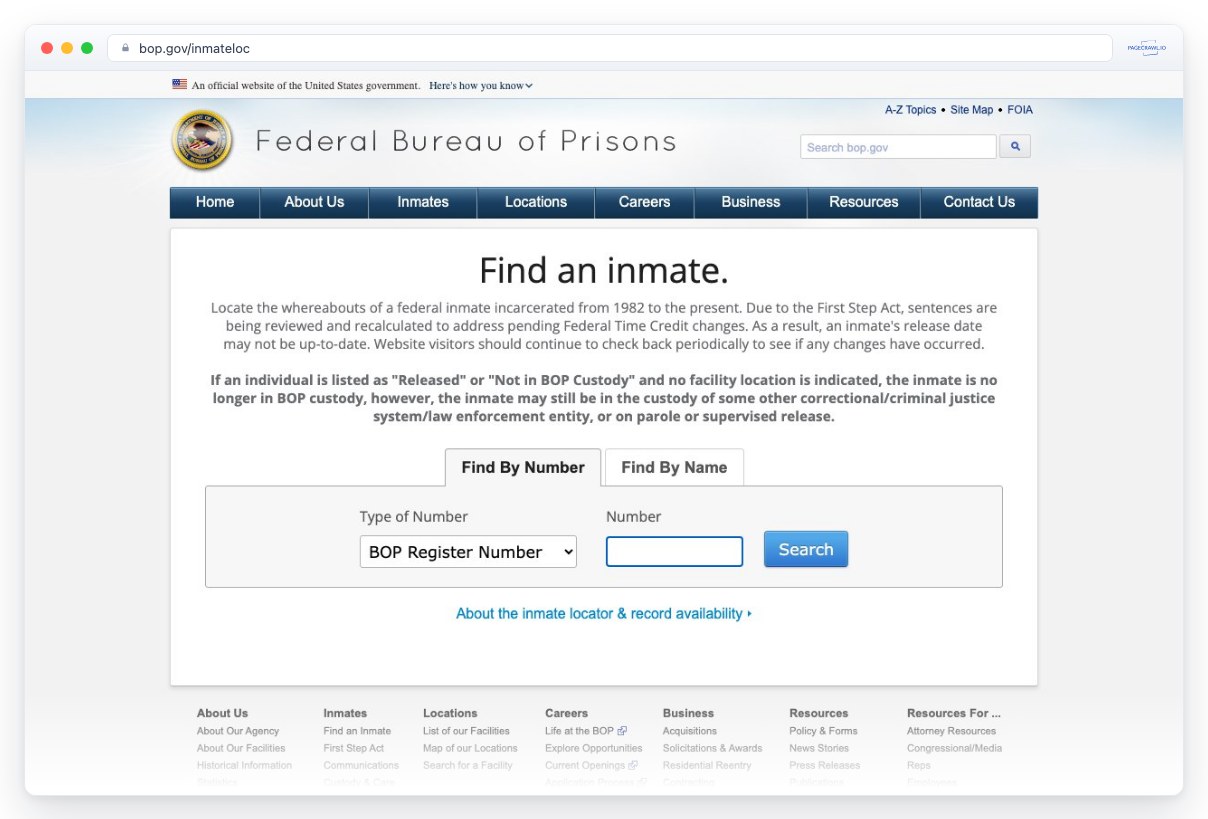Screenshot of bop.gov in a browser window, an example of a page PageCrawl can monitor for changes