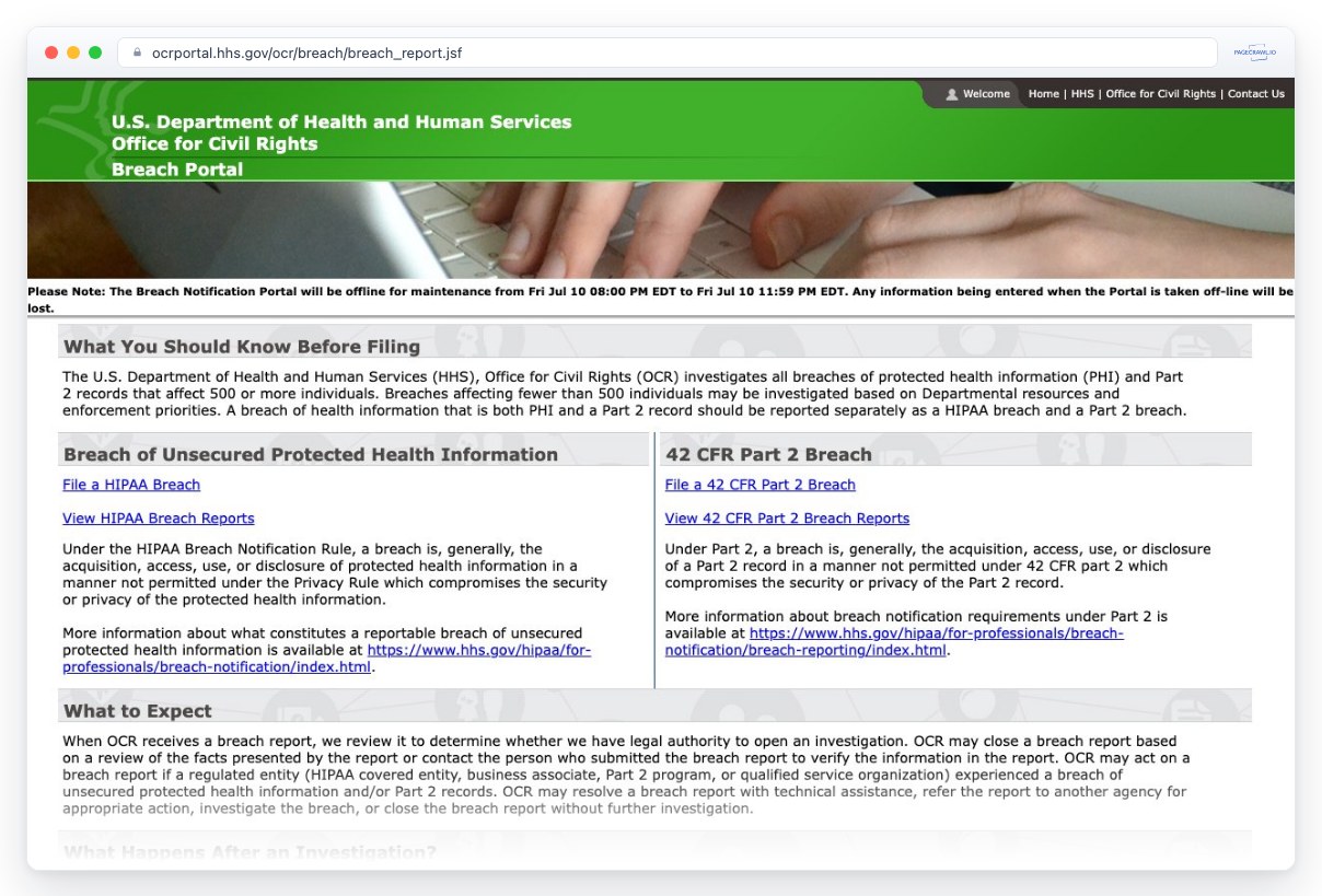 Screenshot of ocrportal.hhs.gov in a browser window, an example of a page PageCrawl can monitor for changes