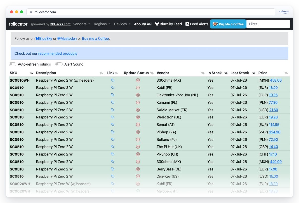 Screenshot of rpilocator.com in a browser window, an example of a page PageCrawl can monitor for changes