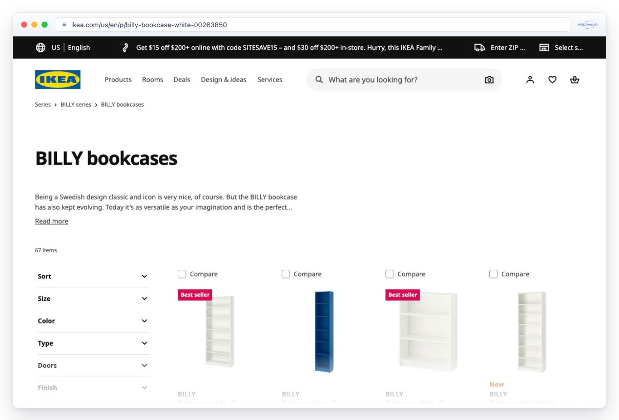 Screenshot of ikea.com in a browser window, an example of a page PageCrawl can monitor for changes
