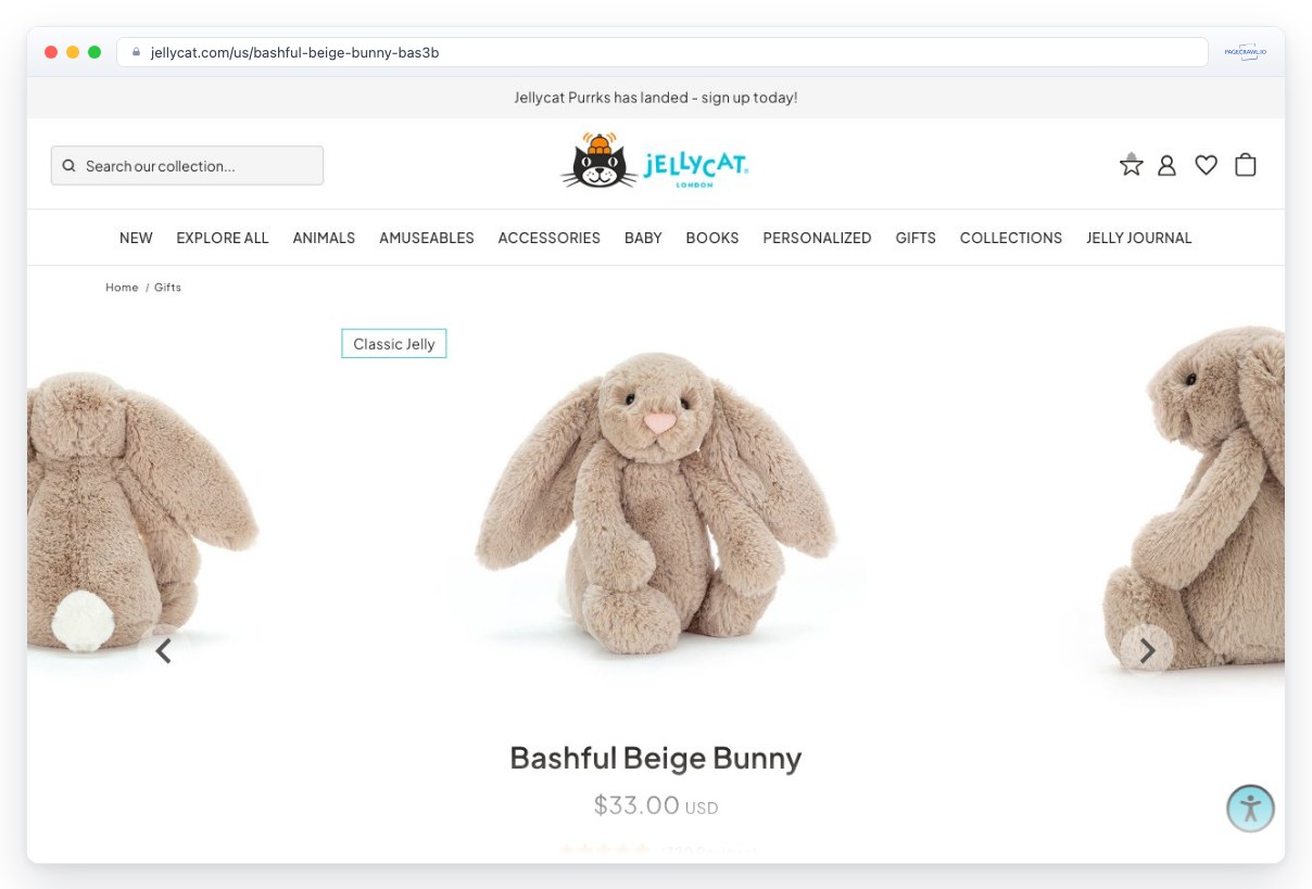 Screenshot of jellycat.com in a browser window, an example of a page PageCrawl can monitor for changes