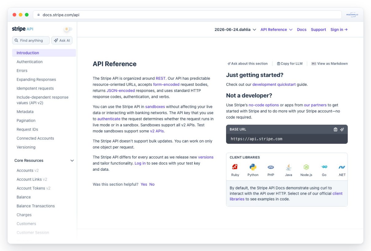 Screenshot of docs.stripe.com in a browser window, an example of a page PageCrawl can monitor for changes