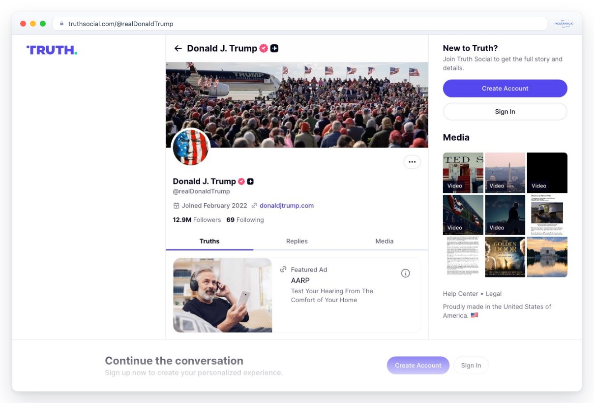 Screenshot of truthsocial.com in a browser window, an example of a page PageCrawl can monitor for changes