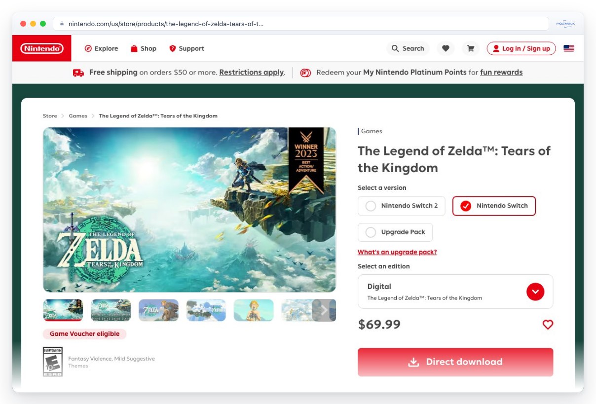 Screenshot of nintendo.com in a browser window, an example of a page PageCrawl can monitor for changes