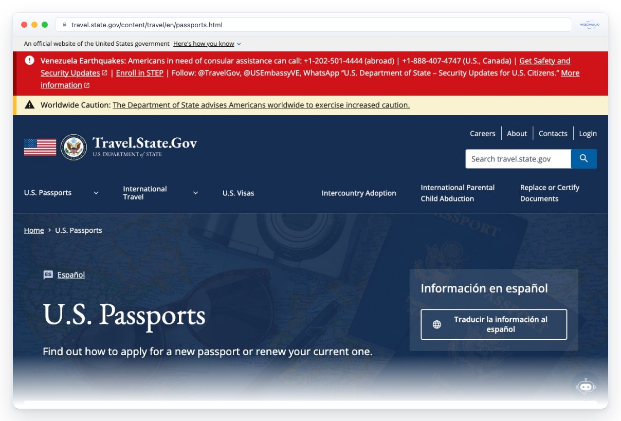 Screenshot of travel.state.gov in a browser window, an example of a page PageCrawl can monitor for changes