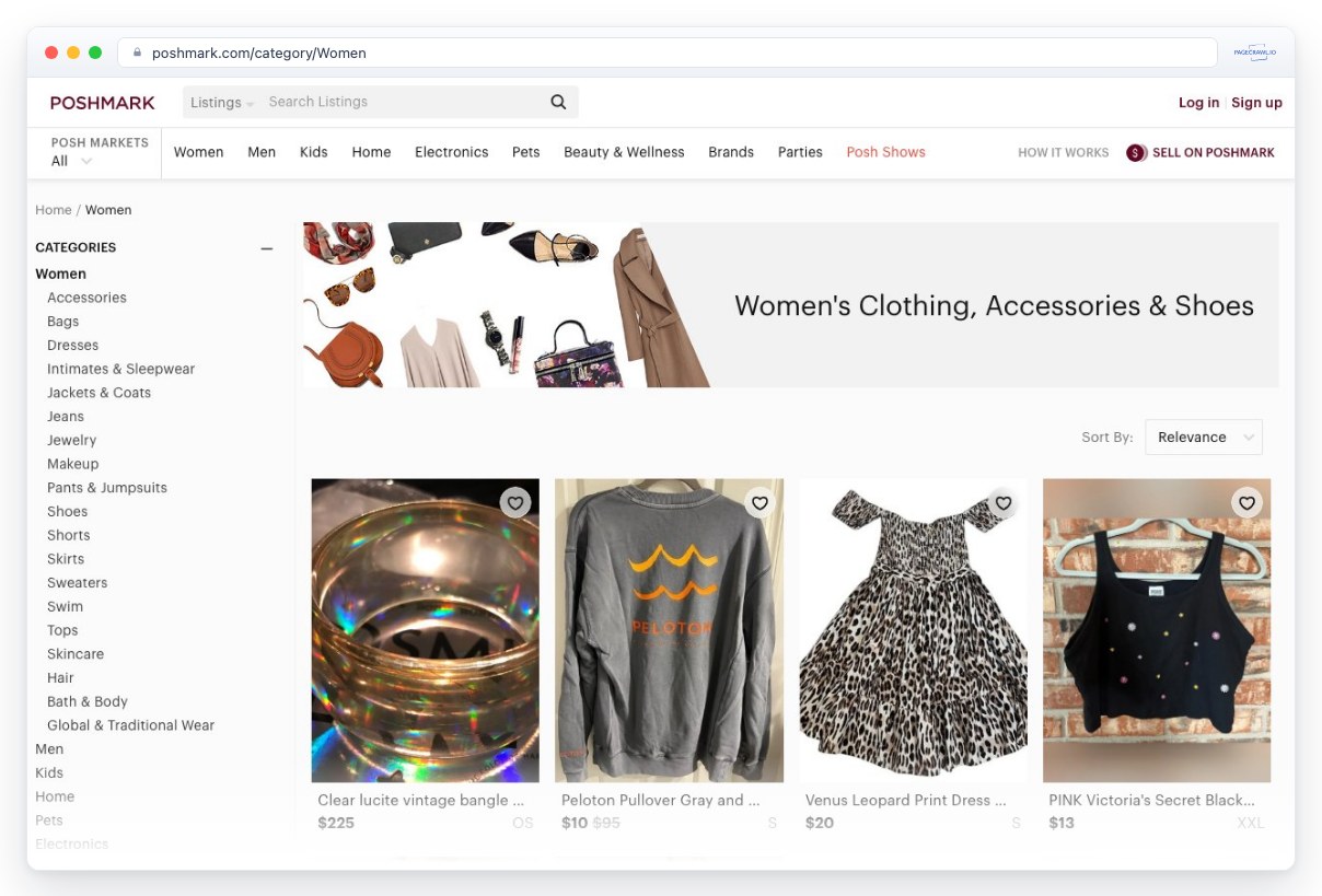 Screenshot of poshmark.com in a browser window, an example of a page PageCrawl can monitor for changes