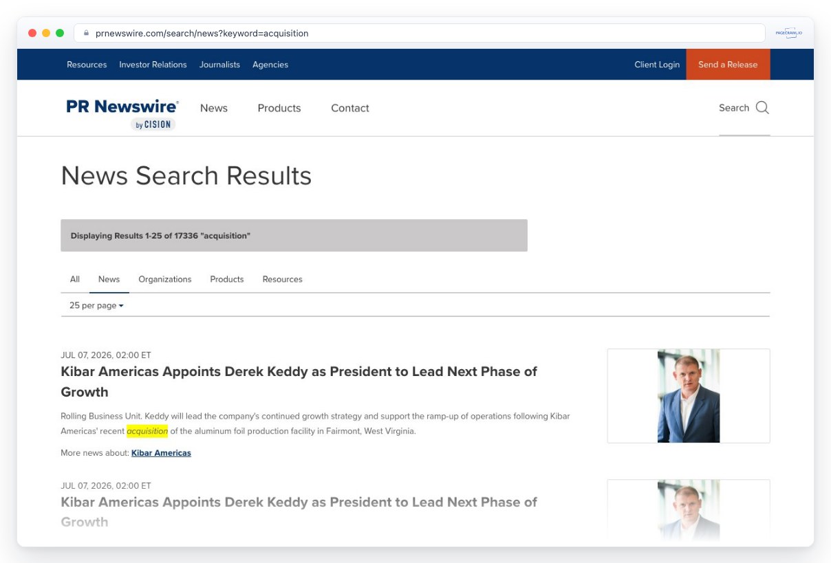 Screenshot of prnewswire.com in a browser window, an example of a page PageCrawl can monitor for changes