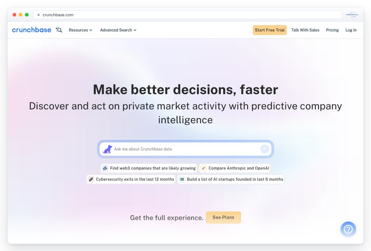 Screenshot of crunchbase.com in a browser window, an example of a page PageCrawl can monitor for changes