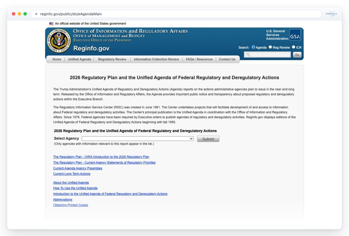 Screenshot of reginfo.gov in a browser window, an example of a page PageCrawl can monitor for changes
