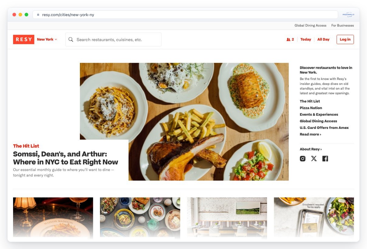 Screenshot of resy.com in a browser window, an example of a page PageCrawl can monitor for changes
