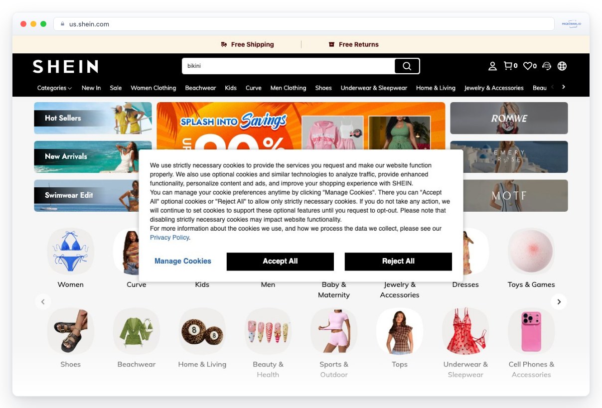 Screenshot of us.shein.com in a browser window, an example of a page PageCrawl can monitor for changes