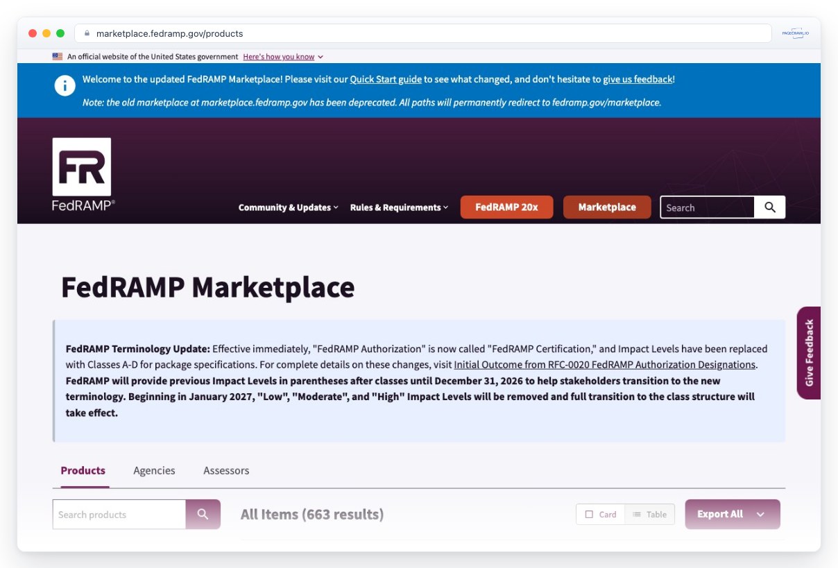 Screenshot of marketplace.fedramp.gov in a browser window, an example of a page PageCrawl can monitor for changes