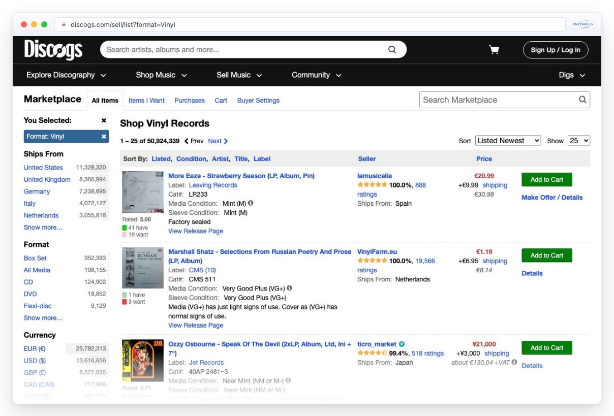 Screenshot of discogs.com in a browser window, an example of a page PageCrawl can monitor for changes