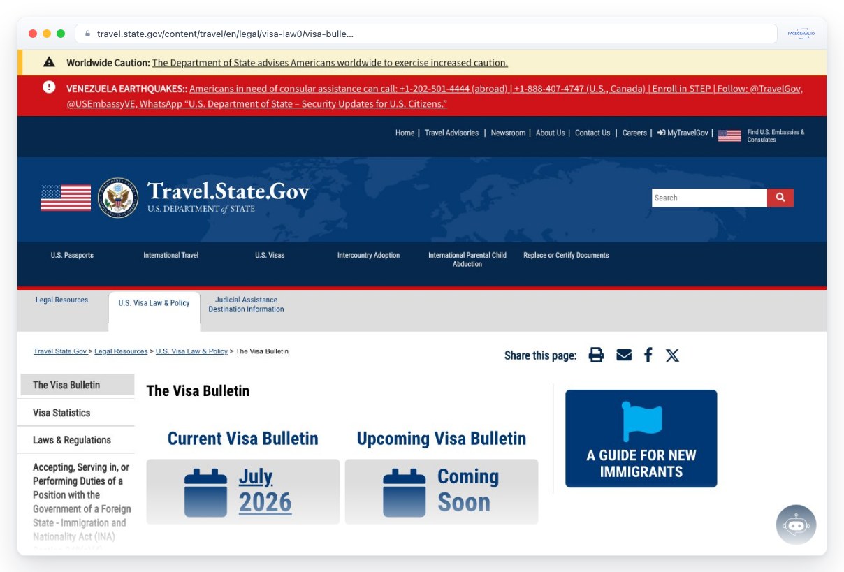 Screenshot of travel.state.gov in a browser window, an example of a page PageCrawl can monitor for changes