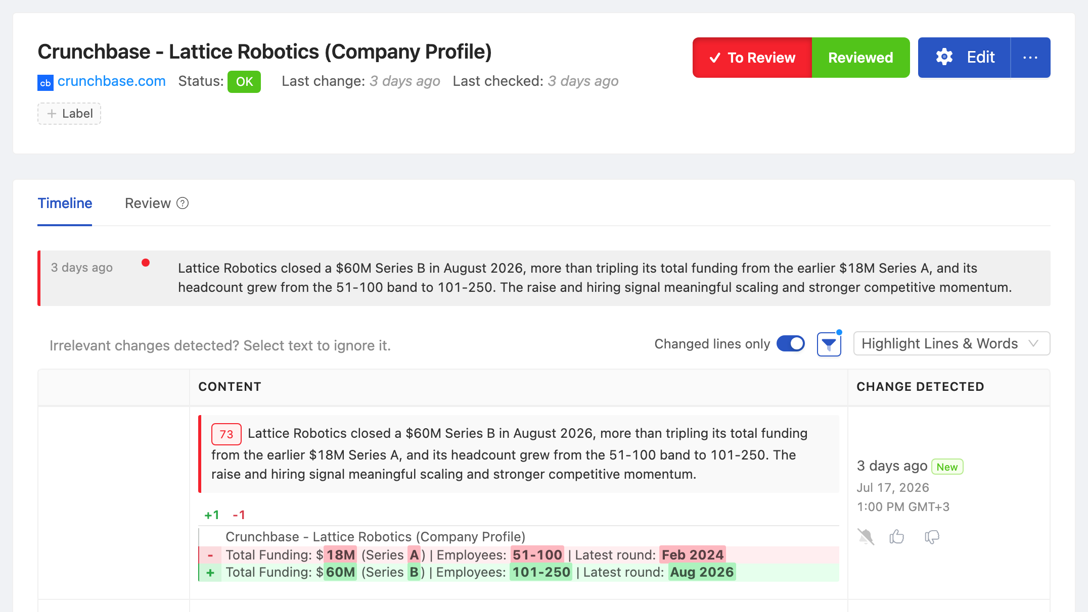 PageCrawl change diff for Crunchbase - Lattice Robotics (Company Profile), highlighting the added and removed text