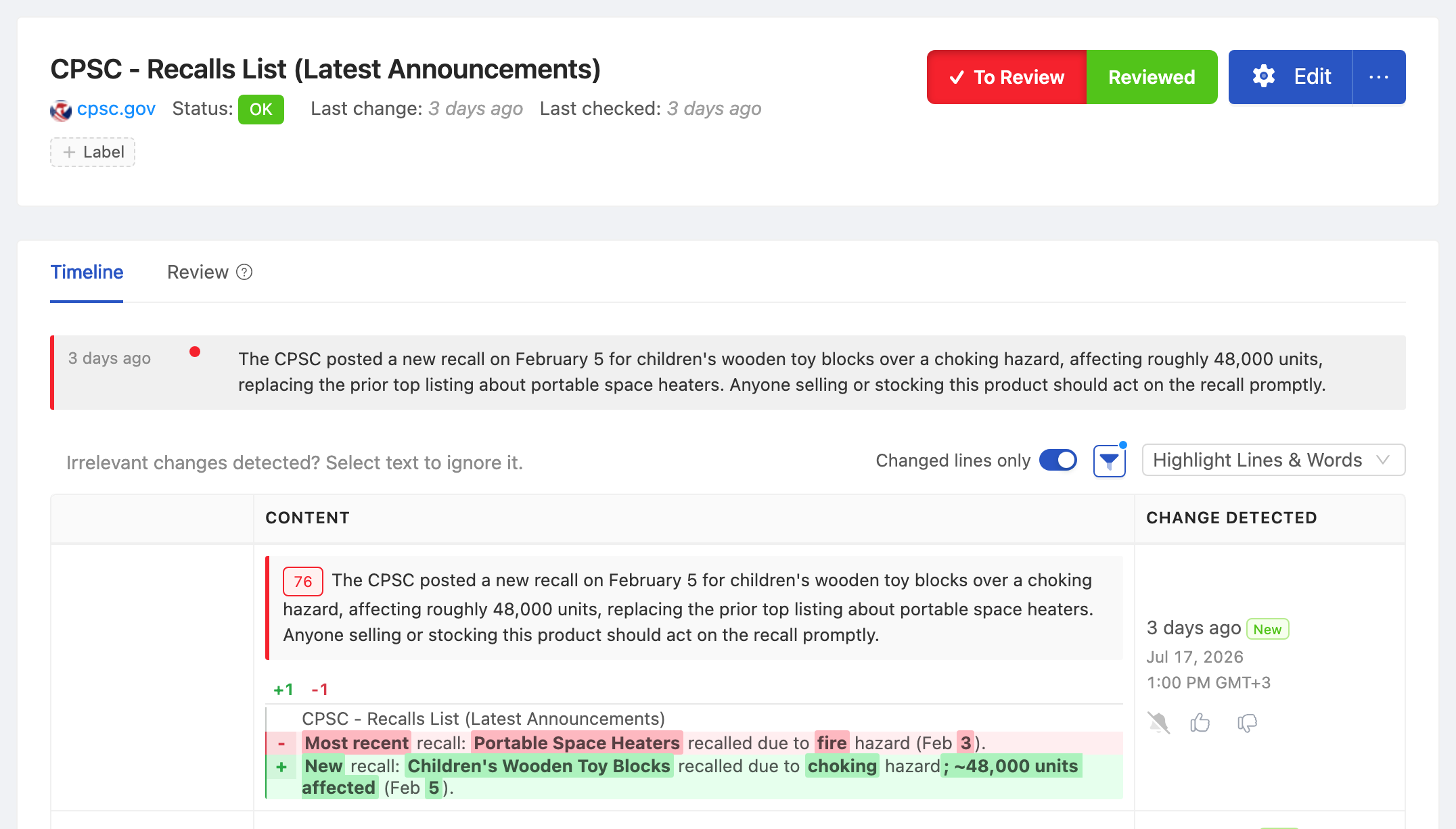 PageCrawl change diff for CPSC - Recalls List (Latest Announcements), highlighting the added and removed text