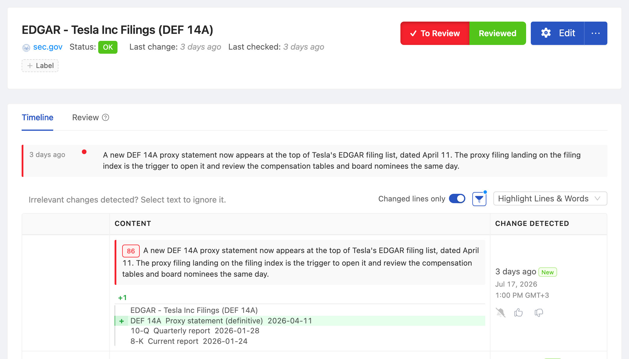 PageCrawl change diff for EDGAR - Tesla Inc DEF 14A Filings, highlighting the added and removed text