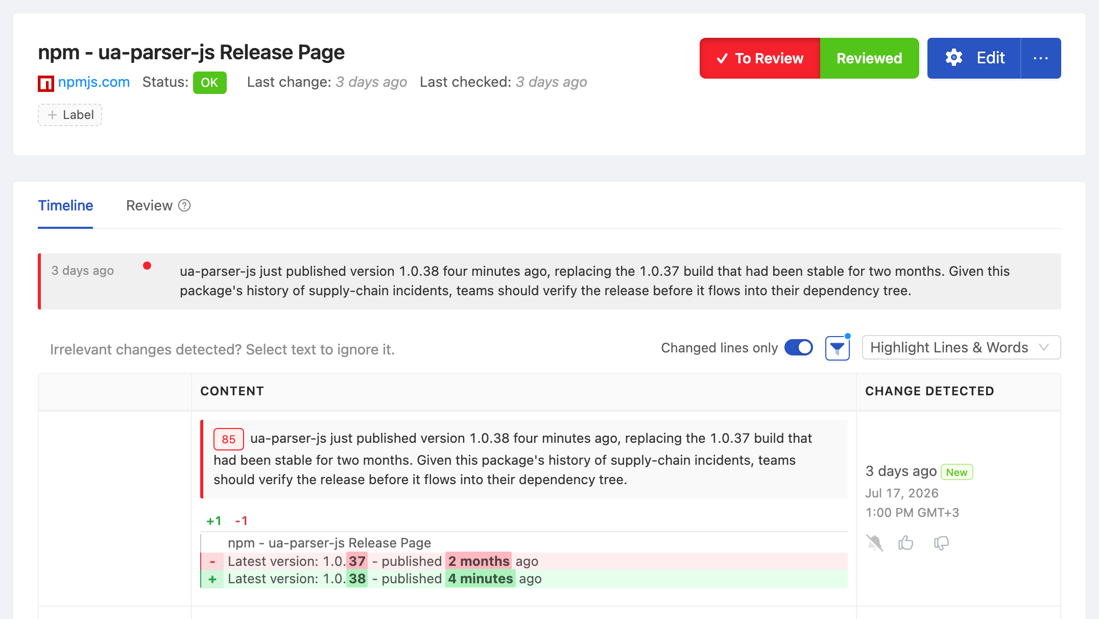 PageCrawl change diff for npm - ua-parser-js Release Page, highlighting the added and removed text