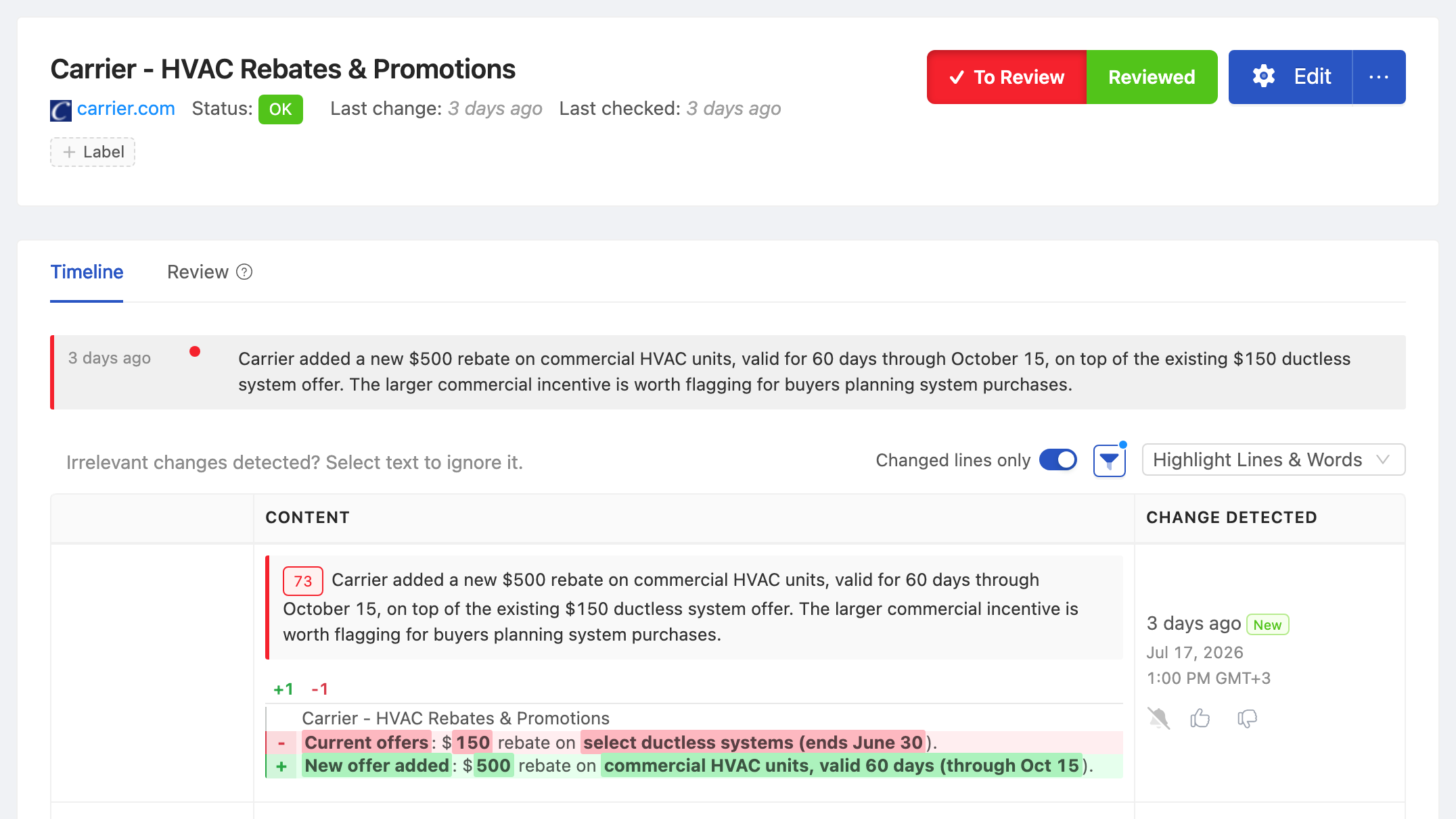 PageCrawl change diff for Carrier - HVAC Rebates & Promotions, highlighting the added and removed text