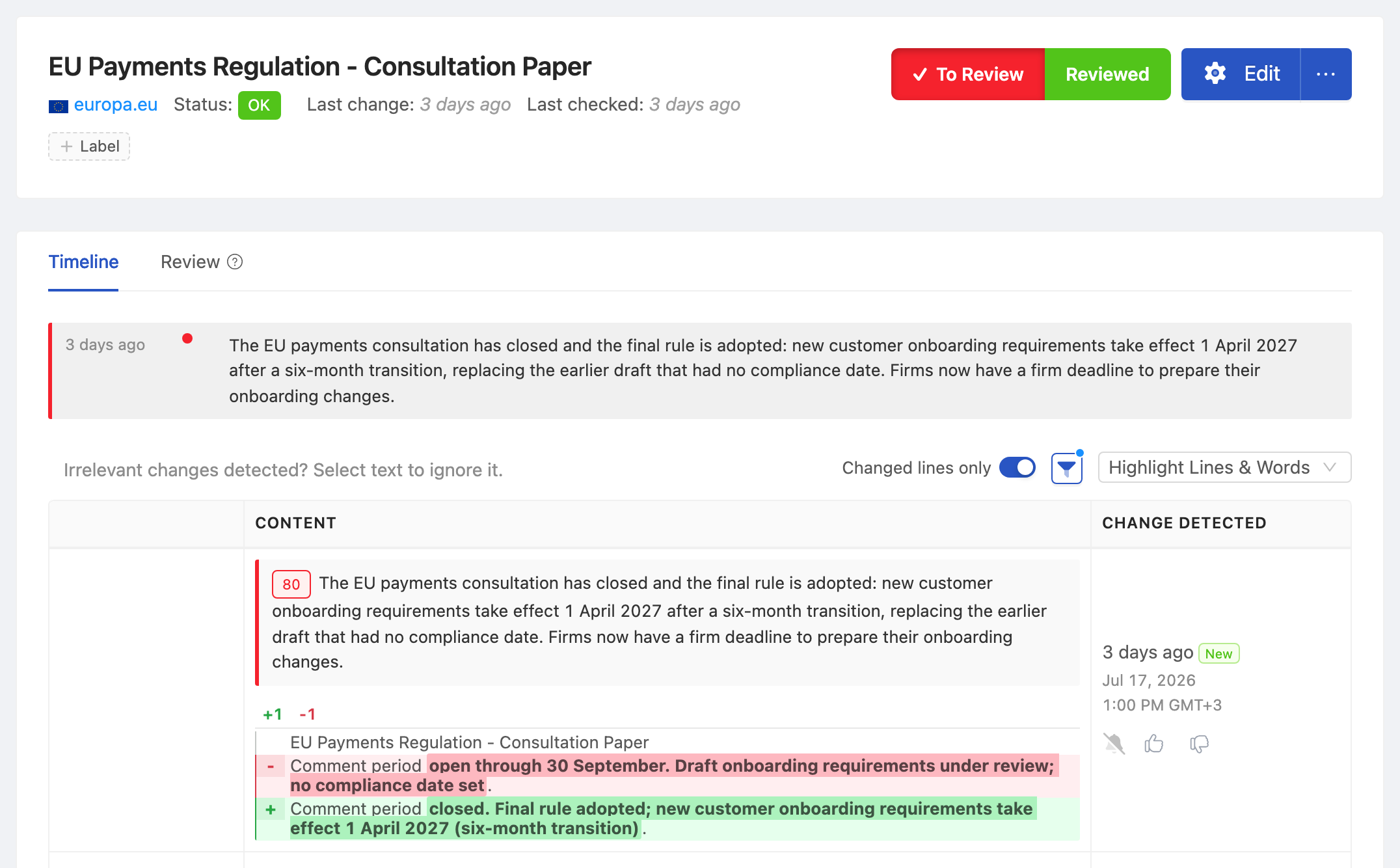 PageCrawl change diff for EU Payments Regulation - Consultation Paper, highlighting the added and removed text