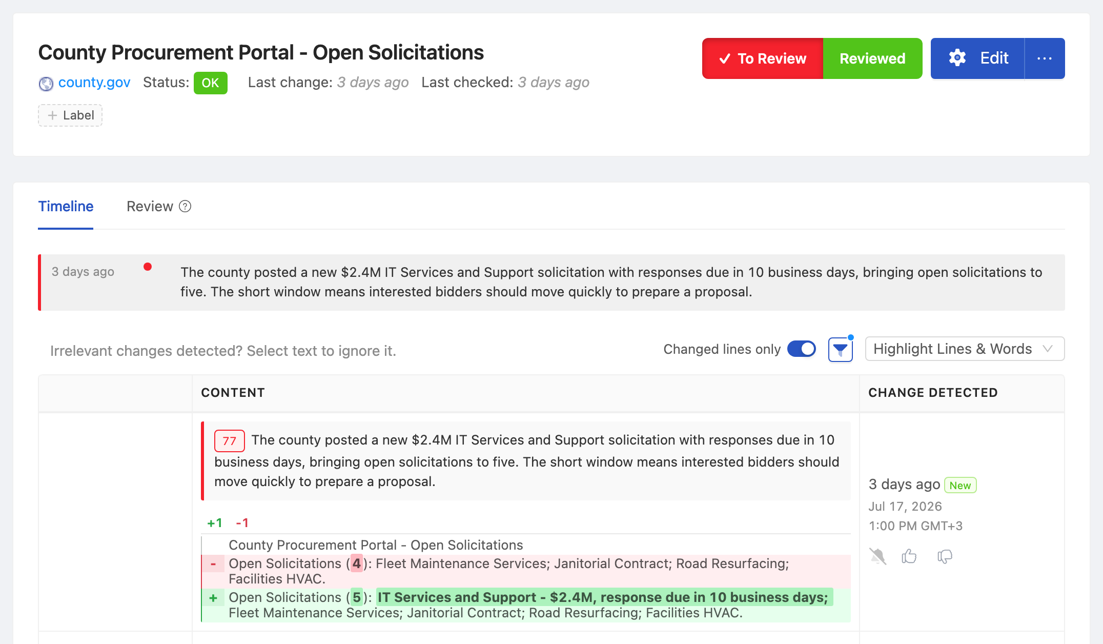 PageCrawl change diff for County Procurement Portal - Open Solicitations, highlighting the added and removed text