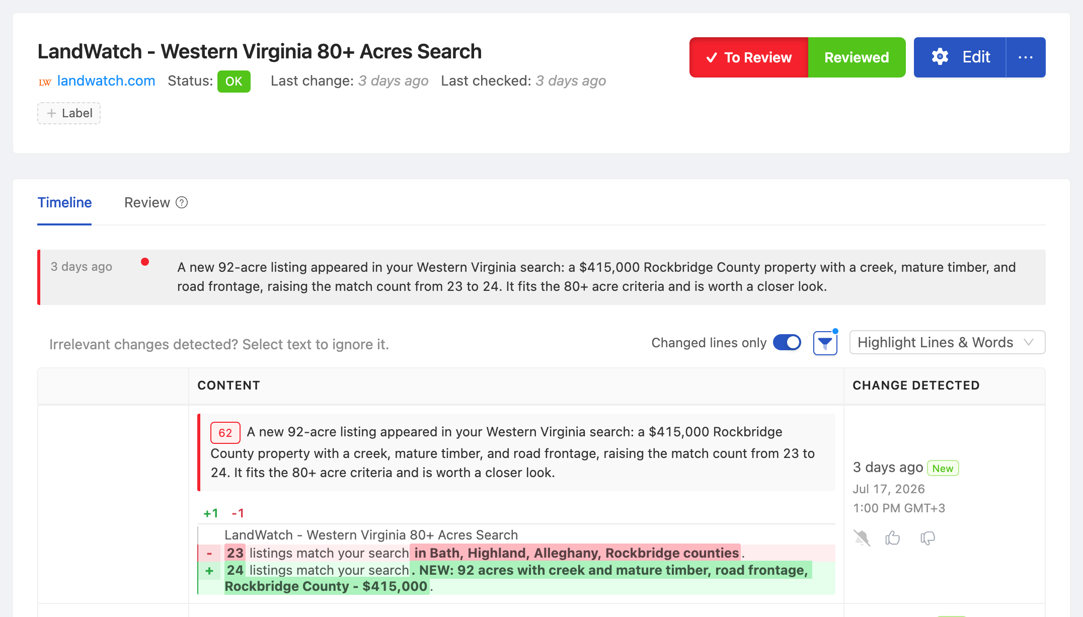 PageCrawl change diff for LandWatch - Western Virginia 80+ Acres Search, highlighting the added and removed text