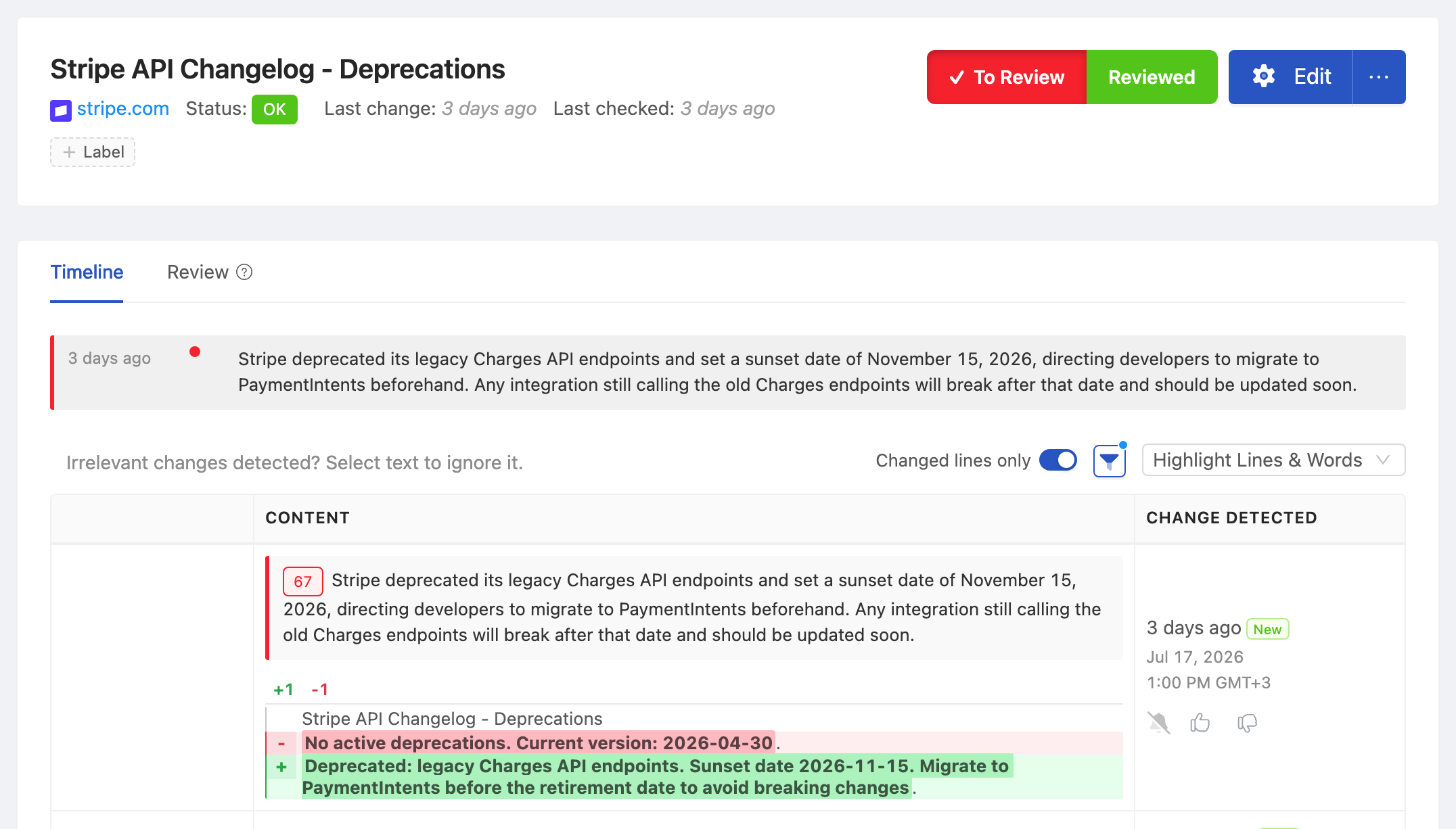 PageCrawl change diff for Stripe API Changelog - Deprecations, highlighting the added and removed text