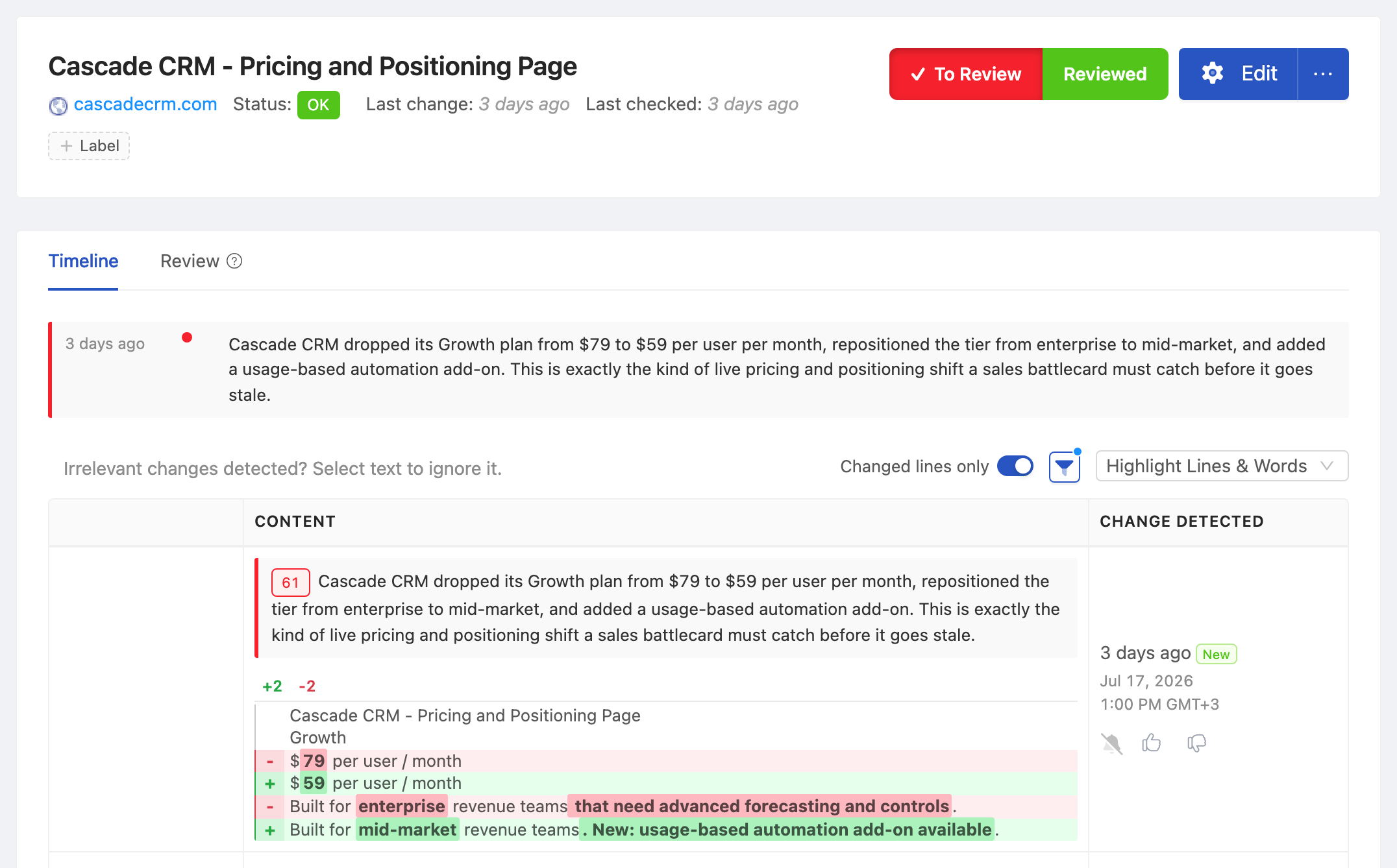 PageCrawl change diff for Rival A - Pricing and Positioning Page, highlighting the added and removed text