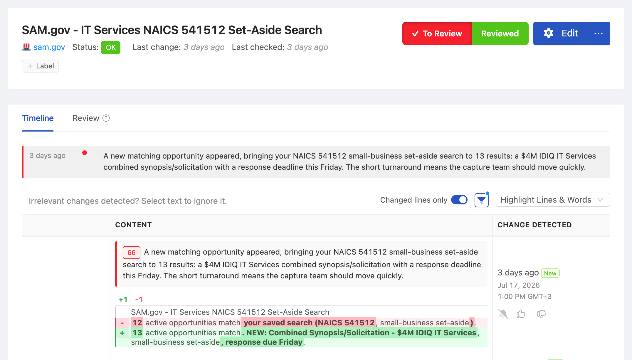 PageCrawl change diff for SAM.gov - IT Services NAICS 541512 Set-Aside Search, highlighting the added and removed text