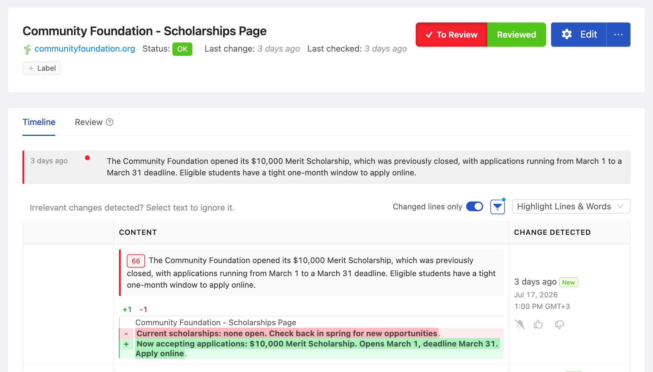 PageCrawl change diff for Community Foundation - Scholarships Page, highlighting the added and removed text