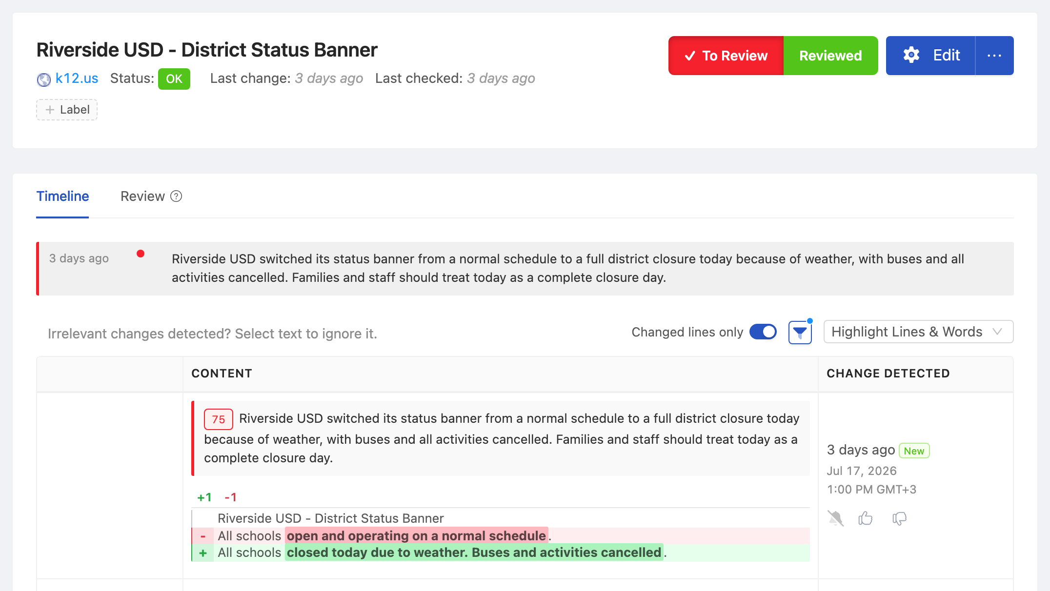 PageCrawl change diff for Riverside USD - District Status Banner, highlighting the added and removed text