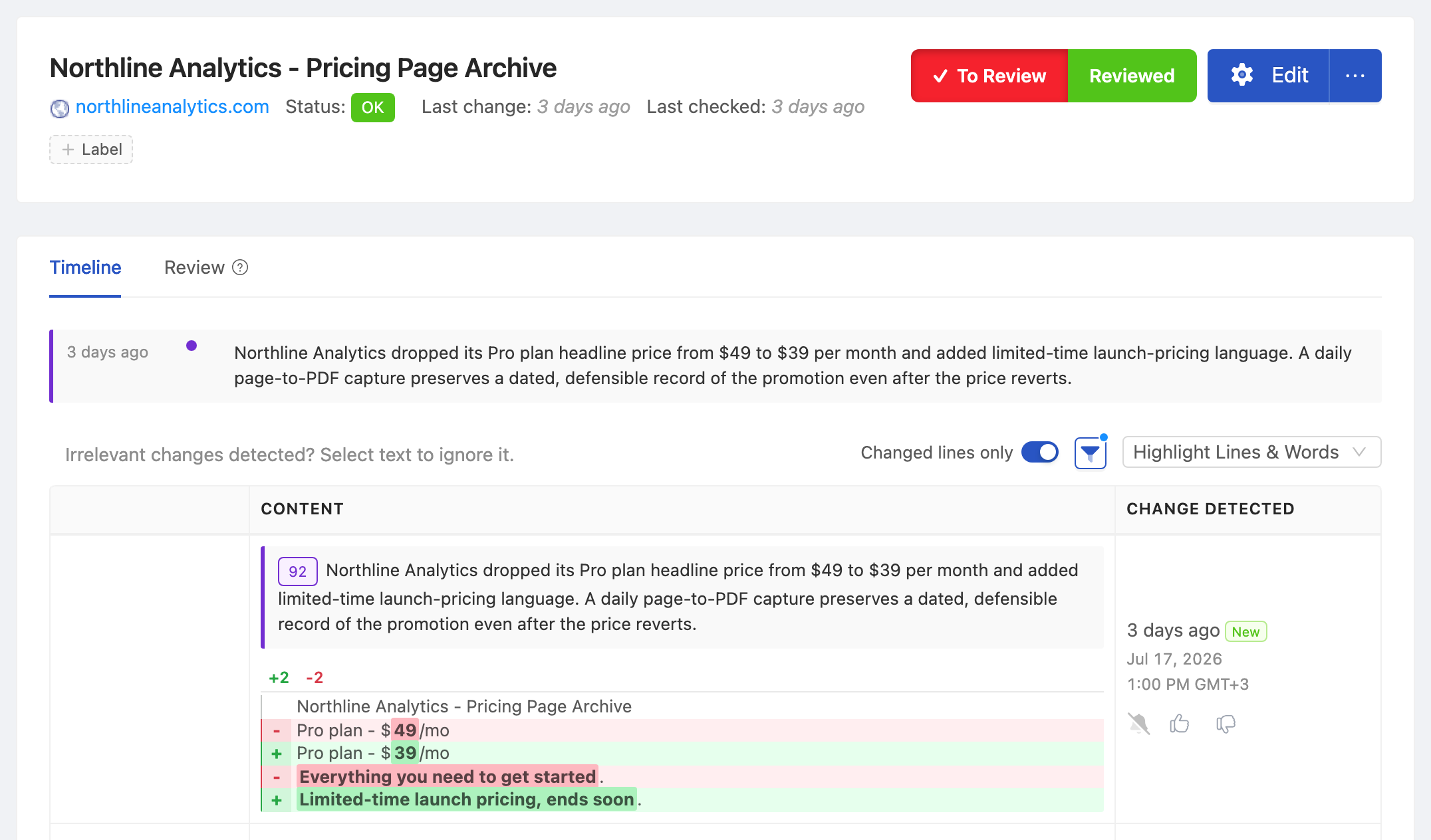 PageCrawl change diff for Competitor Pricing Page Archive, highlighting the added and removed text