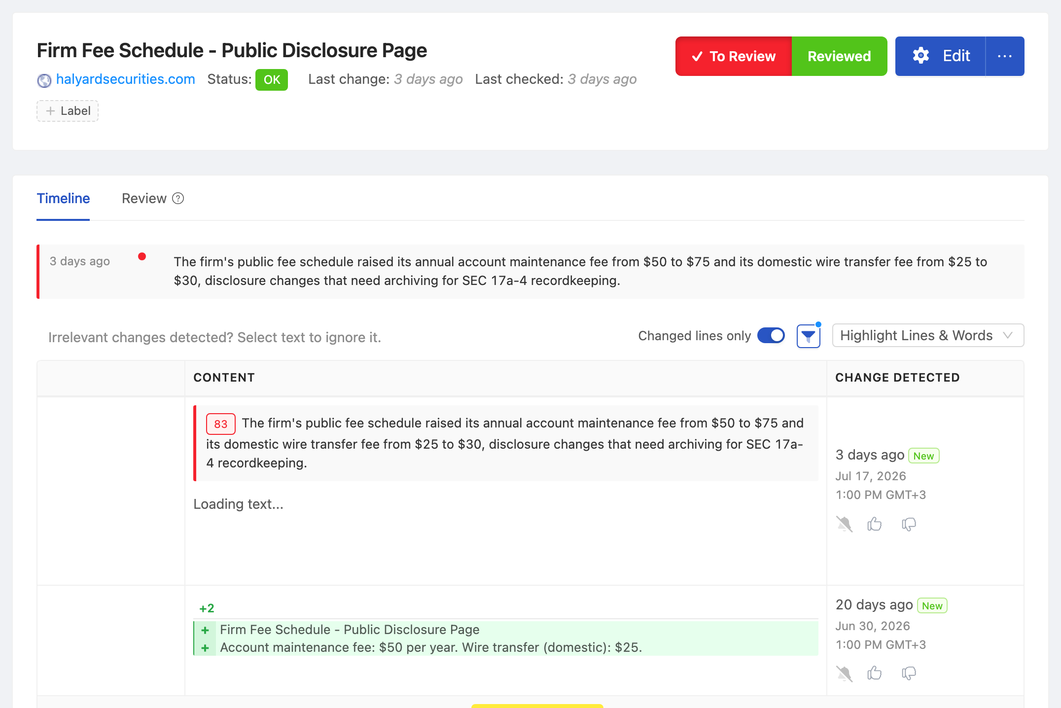 PageCrawl change diff for Firm Fee Schedule - Public Disclosure Page, highlighting the added and removed text