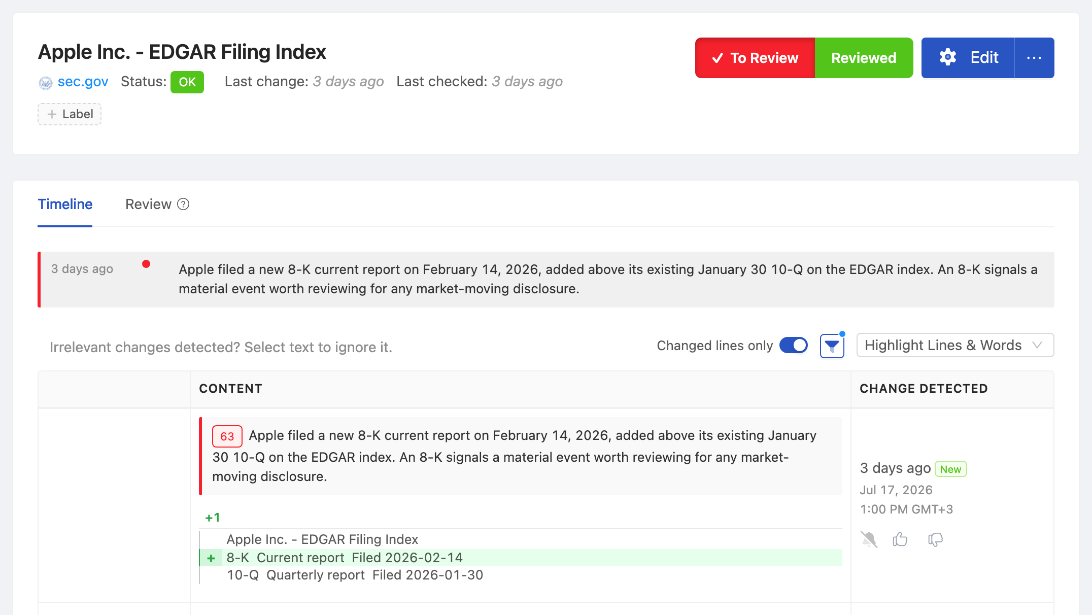 PageCrawl change diff for Apple Inc. - EDGAR Filing Index, highlighting the added and removed text