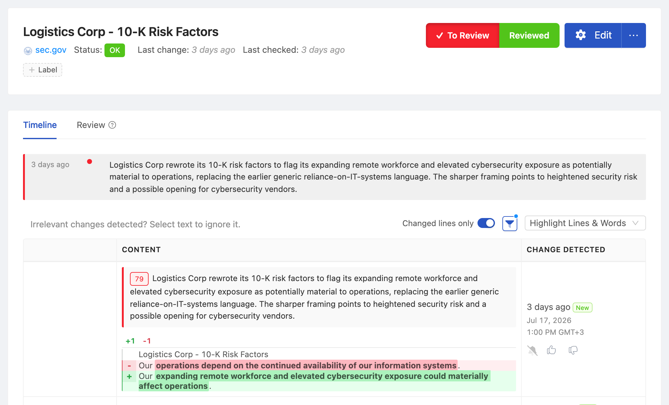 PageCrawl change diff for Logistics Corp - 10-K Risk Factors, highlighting the added and removed text