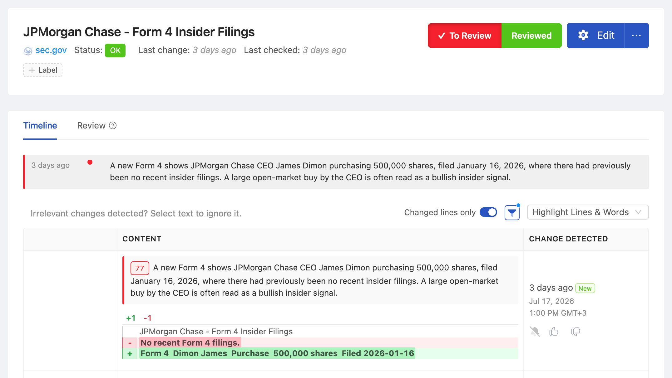 PageCrawl change diff for JPMorgan Chase - Form 4 Insider Filings, highlighting the added and removed text