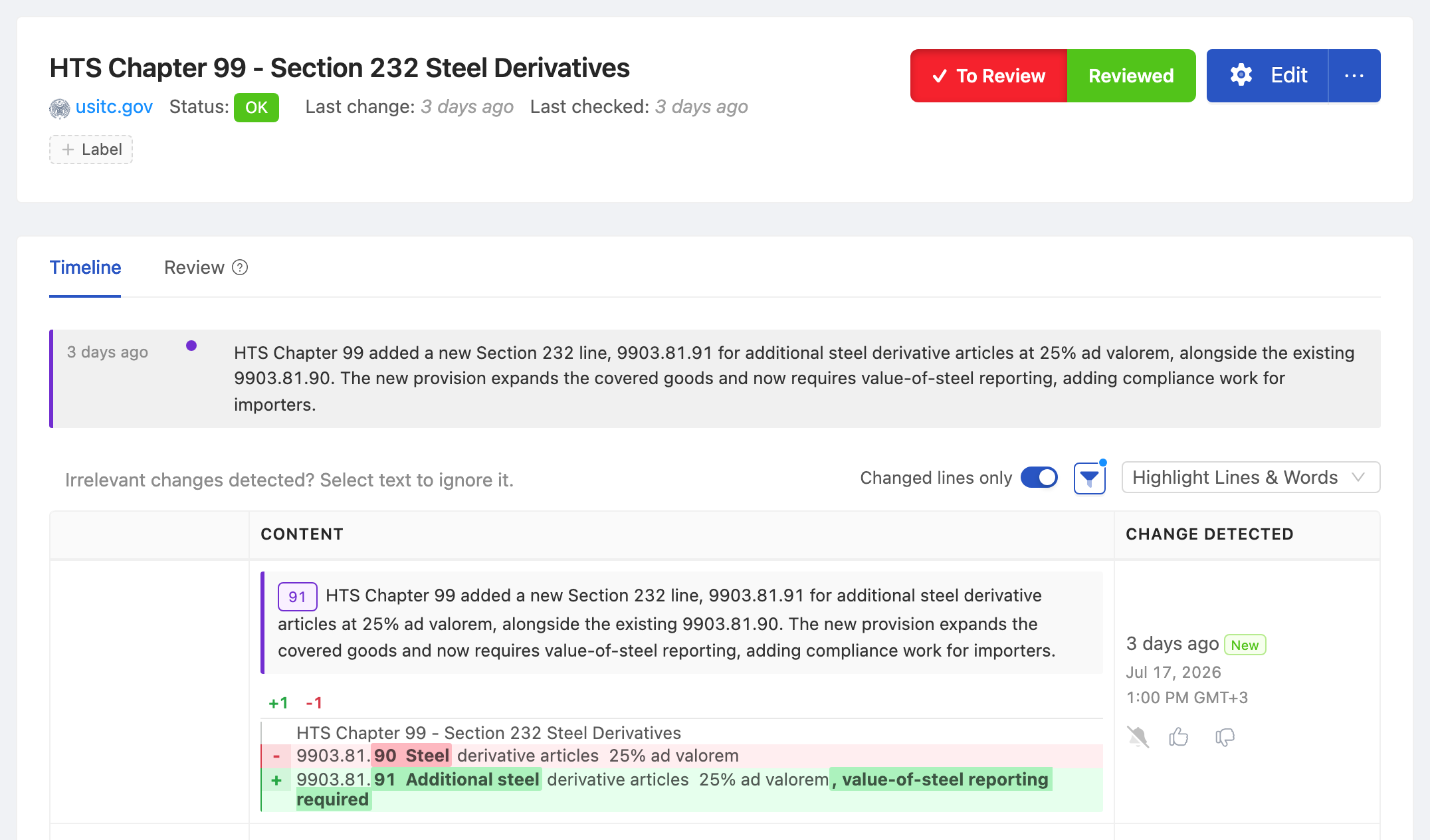 PageCrawl change diff for HTS Chapter 99 - Section 232 Steel Derivatives, highlighting the added and removed text