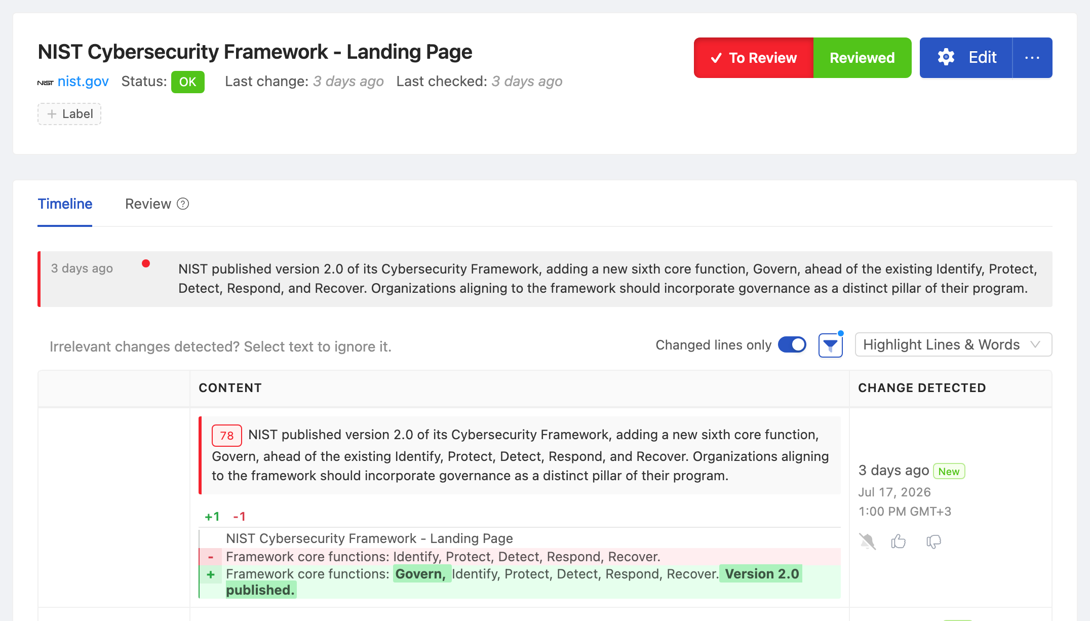 PageCrawl change diff for NIST Cybersecurity Framework - Landing Page, highlighting the added and removed text