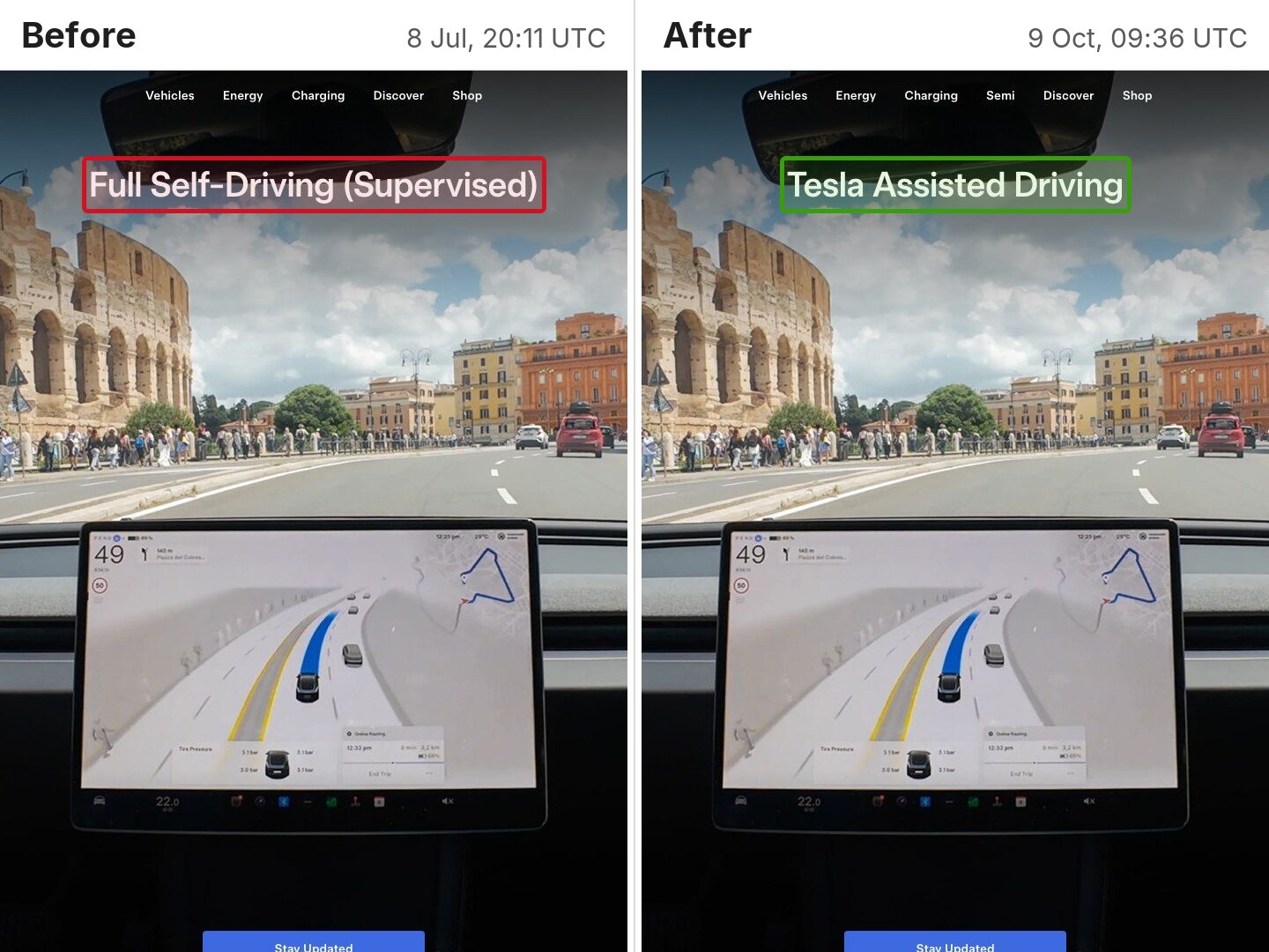 Before and after image of Tesla's UK driver-assistance page: on the Before side, captured 8 Jul at 20:11 UTC, the heading "Full Self-Driving (Supervised)" is outlined in red; on the After side, captured 9 Oct at 09:36 UTC, the heading "Tesla Assisted Driving" is outlined in green, over the same photo taken from the driver's seat