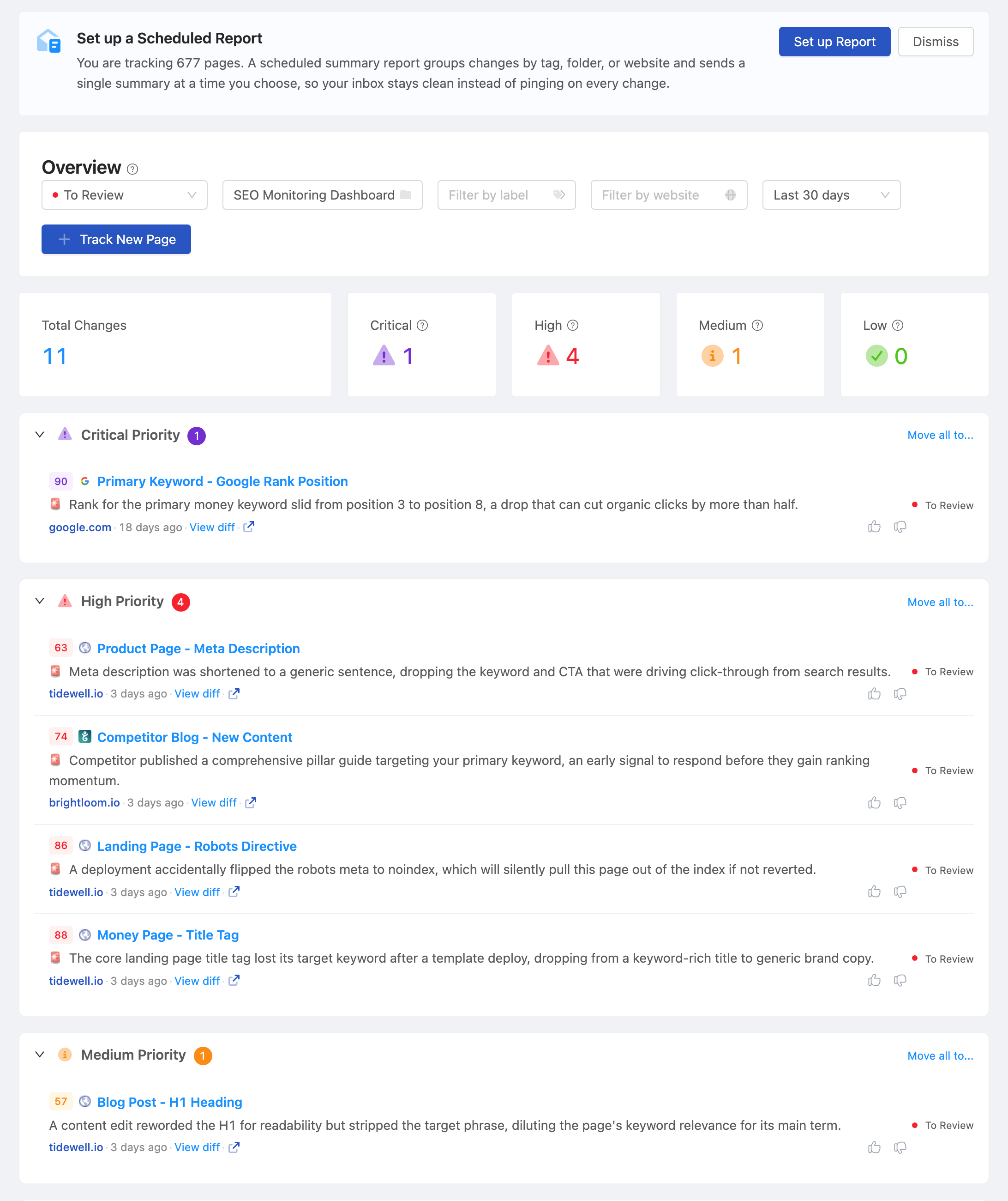 PageCrawl dashboard tracking a portfolio of client websites at a glance