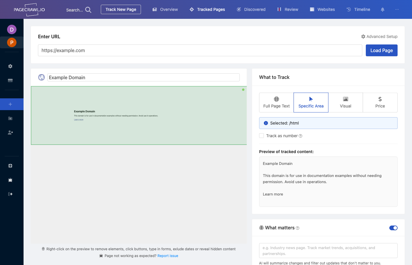 Quick Setup showing Specific Area monitoring with selector input