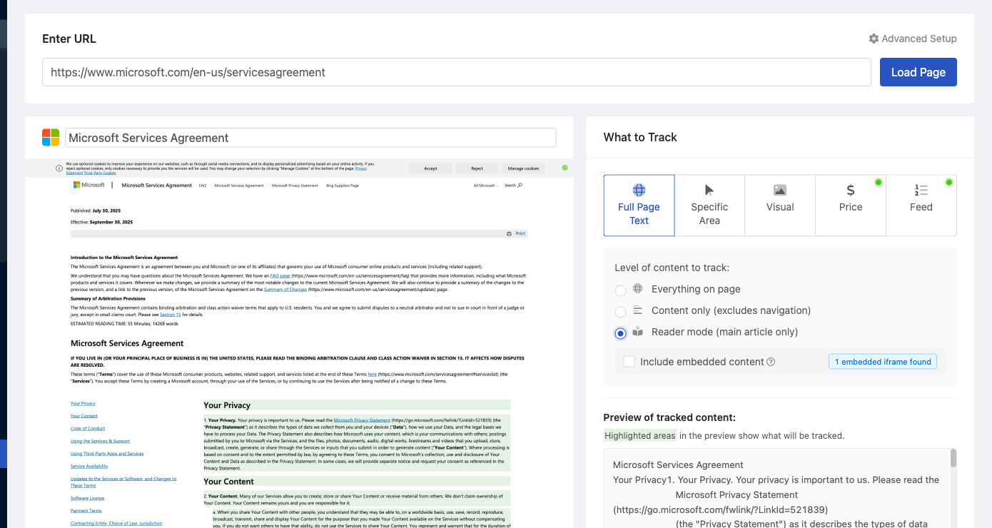 setting up monitoring for Microsoft Services Agreement with Reader mode